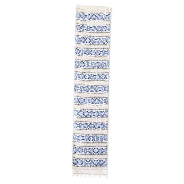 Alternate image for Hand-Woven Fringed Cotton Table Runner in Blue Ivory Grey Azure Diamond