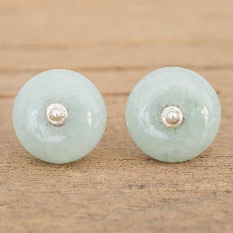 Circular Jade Stud Earrings in Apple Green from Guatemala 'Apple Green Mayan Medallions'