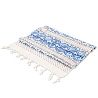 Alternate image for Hand-Woven Fringed Cotton Table Runner in Blue Ivory  Grey Azure Diamond
