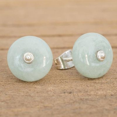 Alternate image for Circular Jade Stud Earrings in Apple Green from Guatemala Apple Green Mayan Medallions
