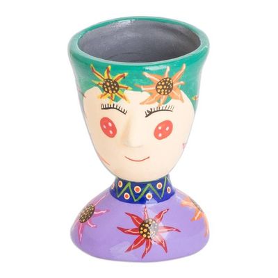 Alternate image for Painted Floral Purple and Green Ceramic Flower Pot Small Flourishing Energy