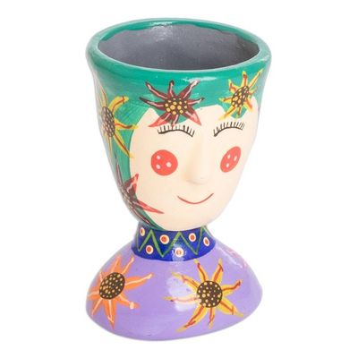 Alternate image for Painted Floral Purple and Green Ceramic Flower Pot Small Flourishing Energy