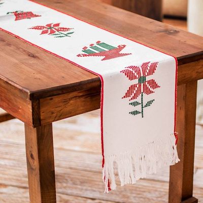 Alternate image for Hand-Woven Fringed Cotton Table Runner with Christmas Motifs White Christmas Joy