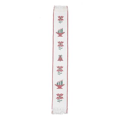 Alternate image for Hand-Woven Fringed Cotton Table Runner with Christmas Motifs White Christmas Joy