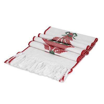 Alternate image for Hand-Woven Fringed Cotton Table Runner with Christmas Motifs White Christmas Joy