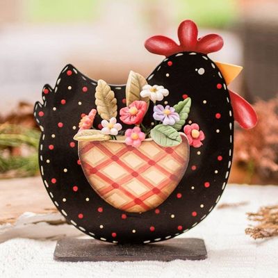 Alternate image for Hen and Floral-Themed Whimsical Wood and Ceramic Home Accent Hen with Blossoms