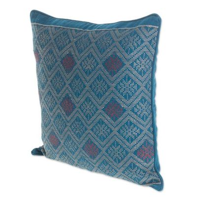 Alternate image for Geometric Cotton Cushion Cover in Azure from Guatemala Azure Geometry