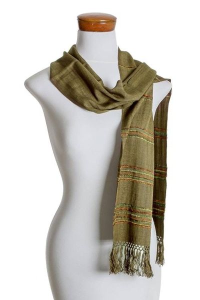 Alternate image for Olive Green Backstrap Loom Handwoven Rayon Scarf Mystic Maya Olive Grove