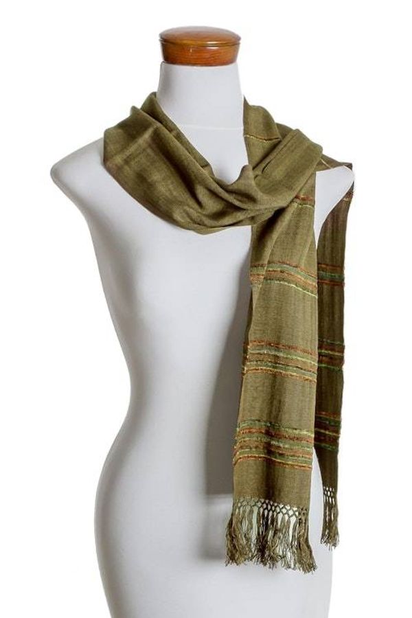 Alternate image for Olive Green Backstrap Loom Handwoven Rayon Scarf Mystic Maya Olive Grove