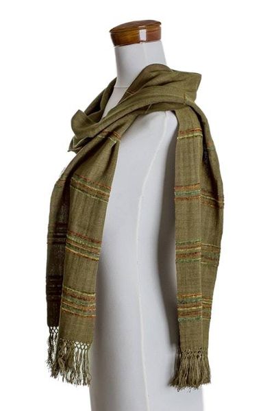 Alternate image for Olive Green Backstrap Loom Handwoven Rayon Scarf Mystic Maya Olive Grove