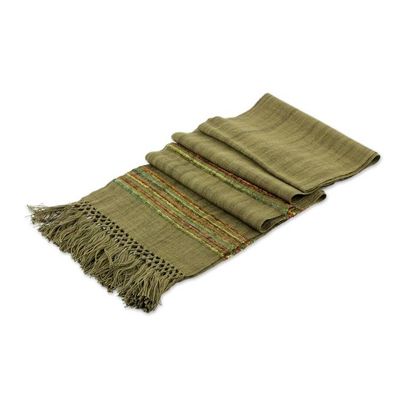 Alternate image for Olive Green Backstrap Loom Handwoven Rayon Scarf Mystic Maya Olive Grove