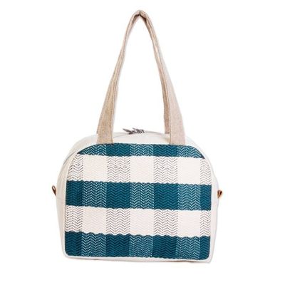 Alternate image for Handloomed Checkered Viridian Cotton Handbag with Zipper Checkered Viridian