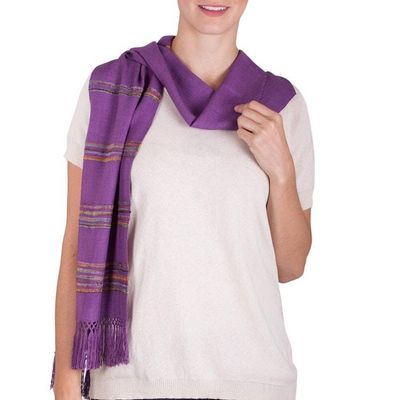 Alternate image for Purple Rayon Backstrap Loom Handwoven Scarf Mystic Maya Orchids