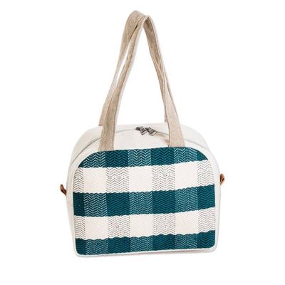 Alternate image for Handloomed Checkered Viridian Cotton Handbag with Zipper Checkered Viridian