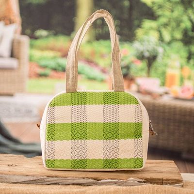 Primary image for Handloomed Checkered Kiwi Cotton Handbag with Zipper Checkered Kiwi