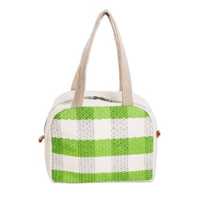 Alternate image for Handloomed Checkered Kiwi Cotton Handbag with Zipper Checkered Kiwi