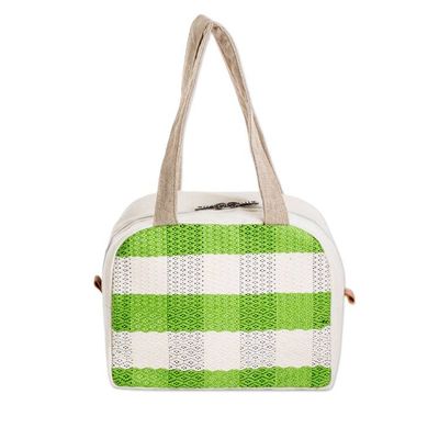 Alternate image for Handloomed Checkered Kiwi Cotton Handbag with Zipper Checkered Kiwi