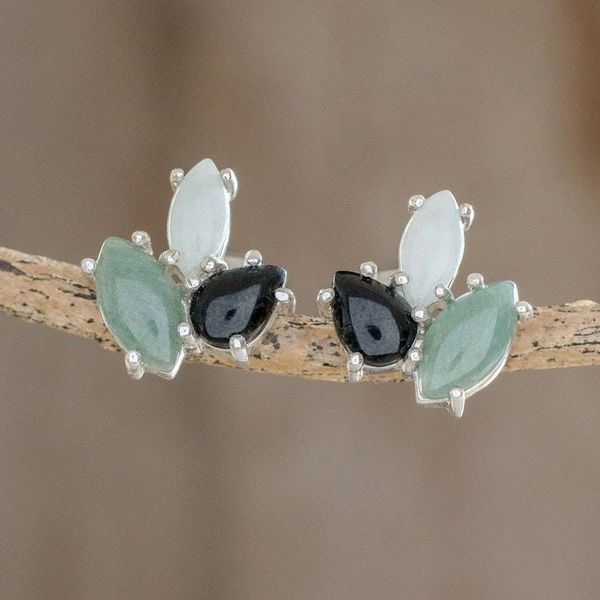 Alternate image for Modern 925 Silver Stud Earrings  with Jade in 3 Colors Natural Trio