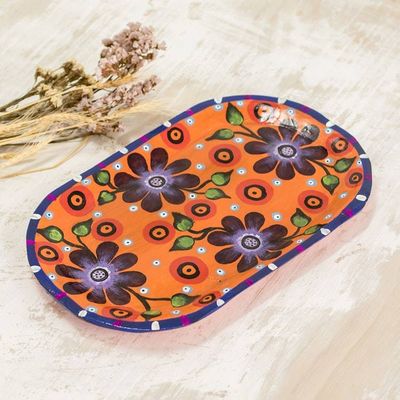 Primary image for Oblong Decorative Plate with Four Purple Flowers on Orange Flower Quartet