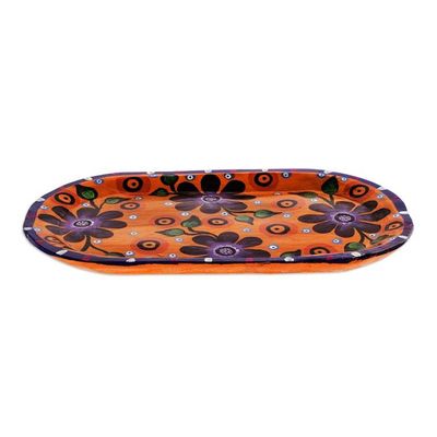 Alternate image for Oblong Decorative Plate with Four Purple Flowers on Orange Flower Quartet
