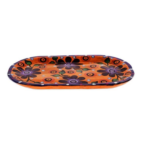 Alternate image for Oblong Decorative Plate with Four Purple Flowers on Orange Flower Quartet