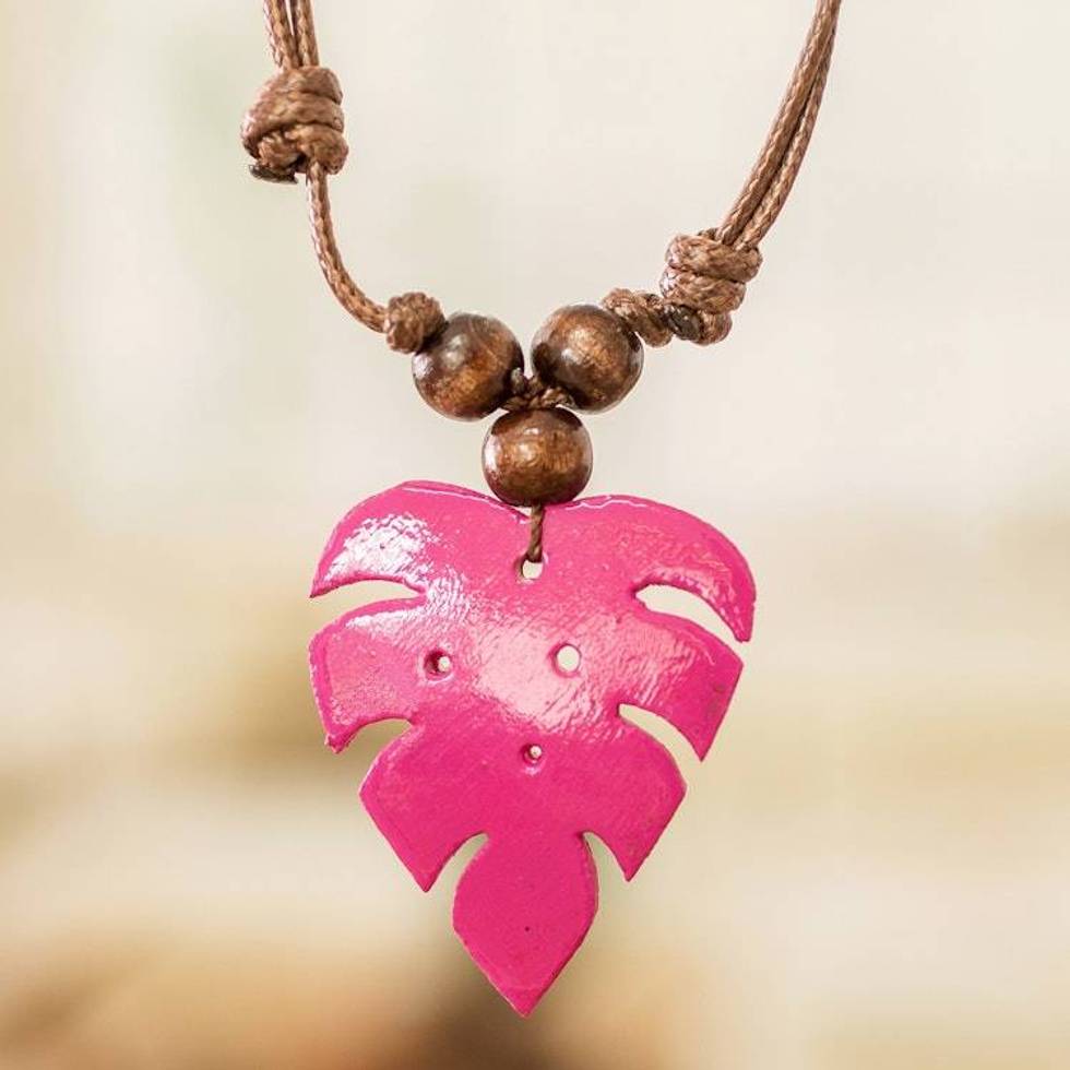 Fuchsia Calabash Gourd Pendant Necklace with Wood Beads 'Jungle Fuchsia'