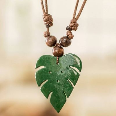 Alternate image for Leafy Green Calabash Gourd Pendant Necklace with Wood Beads Jungle Green