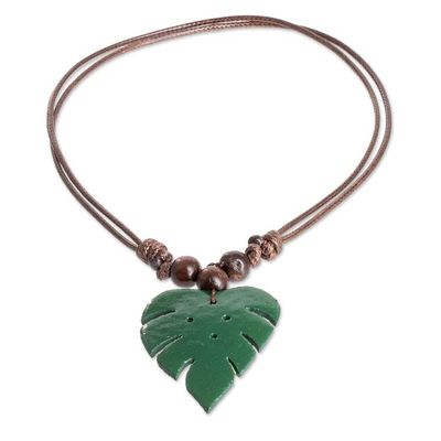 Alternate image for Leafy Green Calabash Gourd Pendant Necklace with Wood Beads Jungle Green