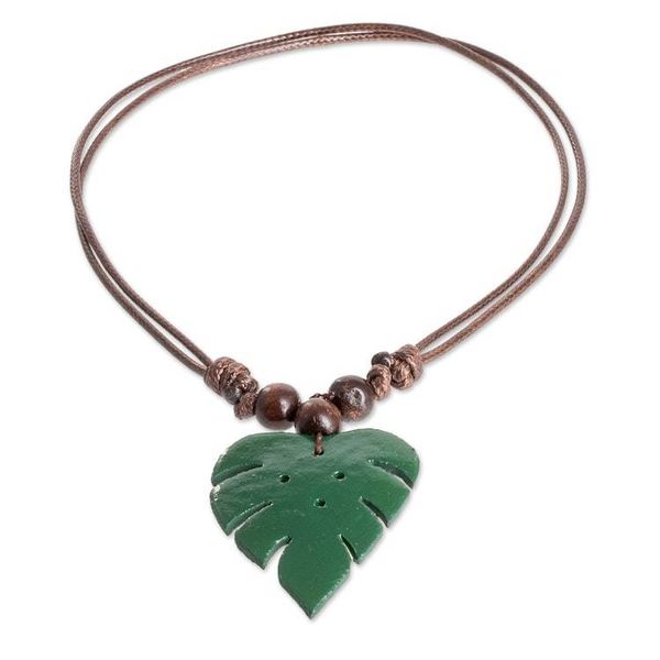 Alternate image for Leafy Green Calabash Gourd Pendant Necklace with Wood Beads Jungle Green
