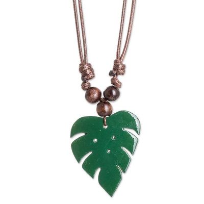 Alternate image for Leafy Green Calabash Gourd Pendant Necklace with Wood Beads Jungle Green