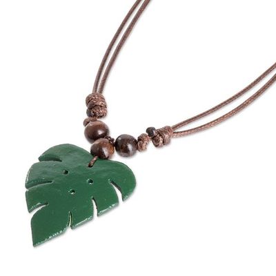 Alternate image for Leafy Green Calabash Gourd Pendant Necklace with Wood Beads Jungle Green