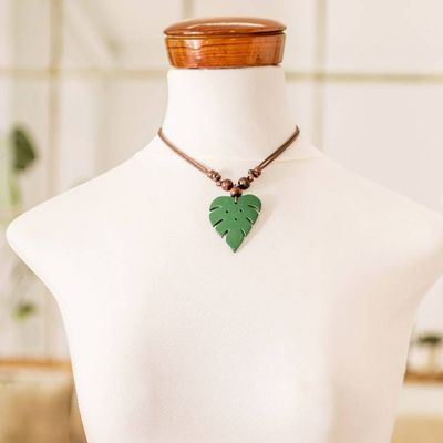 Alternate image for Leafy Green Calabash Gourd Pendant Necklace with Wood Beads Jungle Green