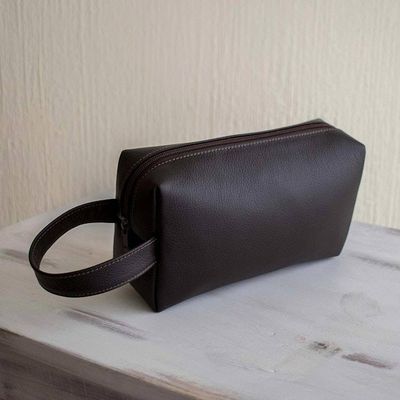 Primary image for Dark Brown Leather Mens Toiletry Case Man of the World in Coffee