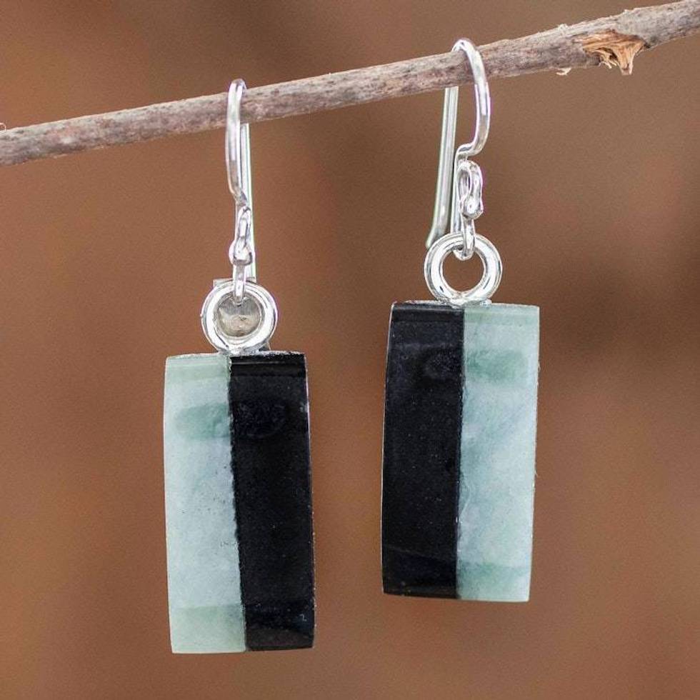 Dual Green and Black Jade Dangle Earrings from Guatemala 'Day and Night Meadow'