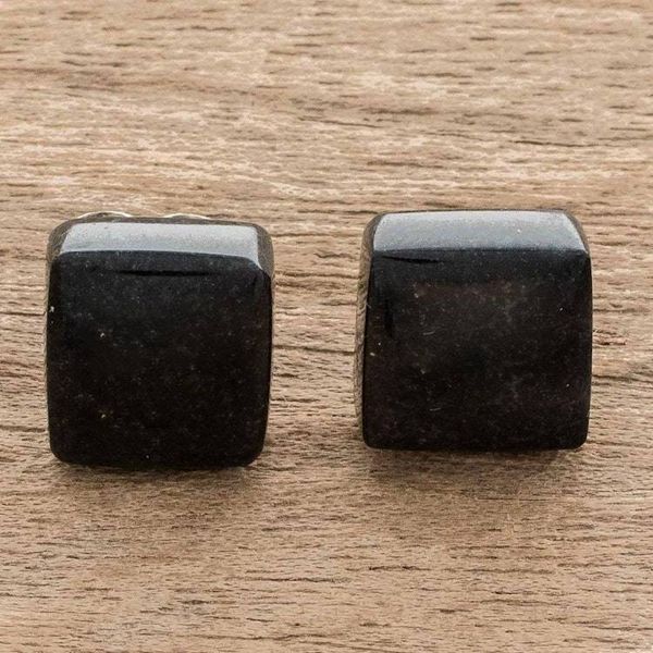 Alternate image for Minimal Square Cut Black Jade Stud Earrings from Guatemala Midnight Perfection