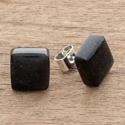 Alternate image for Minimal Square Cut Black Jade Stud Earrings from Guatemala Midnight Perfection