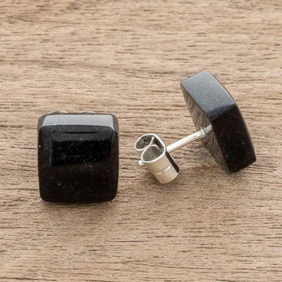 Alternate image for Minimal Square Cut Black Jade Stud Earrings from Guatemala Midnight Perfection