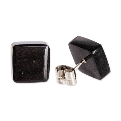 Alternate image for Minimal Square Cut Black Jade Stud Earrings from Guatemala Midnight Perfection