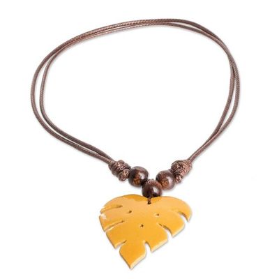 Alternate image for Leafy Yellow Calabash Gourd Pendant Necklace with Wood Beads Jungle Yellow