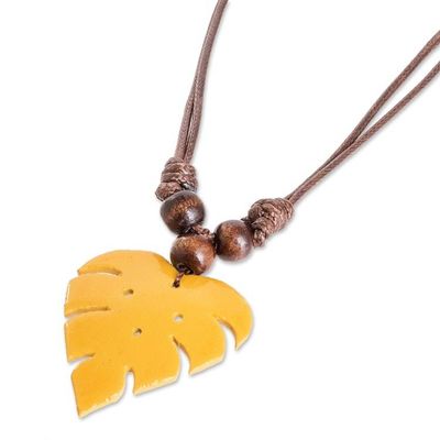 Alternate image for Leafy Yellow Calabash Gourd Pendant Necklace with Wood Beads Jungle Yellow
