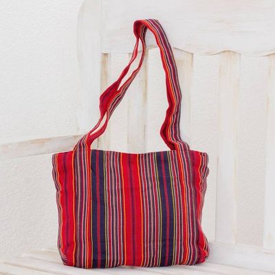Alternate image for Red and Navy Stripe Handwoven Cotton Lined Tote 11 Inch Festive Stripes