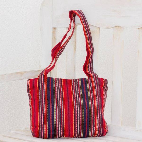 Alternate image for Red and Navy Stripe Handwoven Cotton Lined Tote 11 Inch Festive Stripes