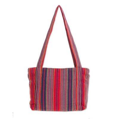 Alternate image for Red and Navy Stripe Handwoven Cotton Lined Tote 11 Inch Festive Stripes
