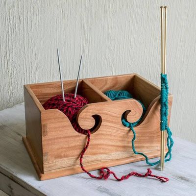 Alternate image for Hand Carved Wood Yarn Caddy or Home Organizer Stitch in Time