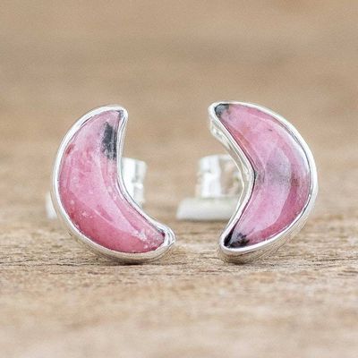 Alternate image for Genuine Rhodonite Stud Earrings Moon Crescent in Pink