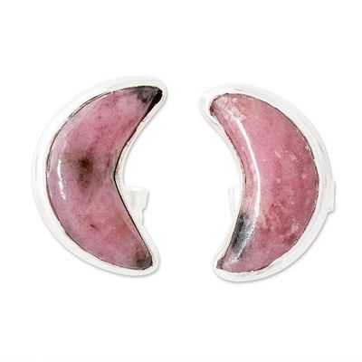 Alternate image for Genuine Rhodonite Stud Earrings Moon Crescent in Pink