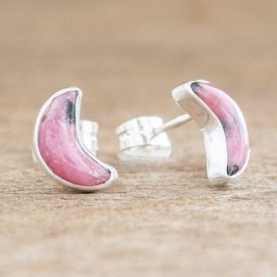 Alternate image for Genuine Rhodonite Stud Earrings Moon Crescent in Pink