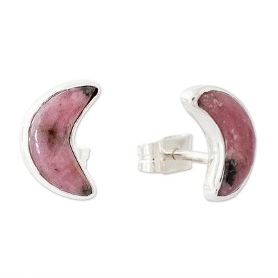 Alternate image for Genuine Rhodonite Stud Earrings Moon Crescent in Pink