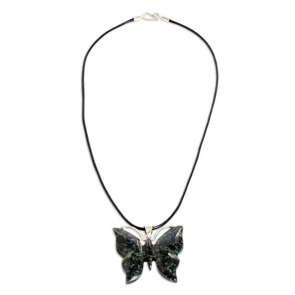Alternate image for Dark Green Jade Butterfly Pendant Necklace with Cotton Cord Butterfly Power
