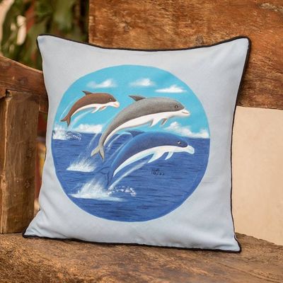 Alternate image for Polyester Blue Cushion Cover with Hand-Painted Dolphins Marine Spirits